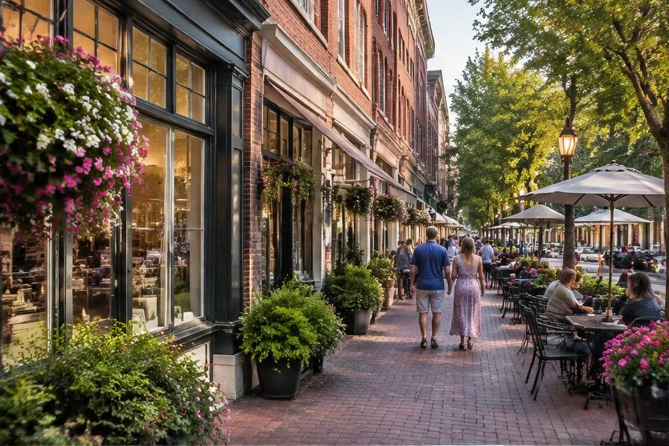 Photorealistic editorial interpretation of a downtown Concord street with local storefronts