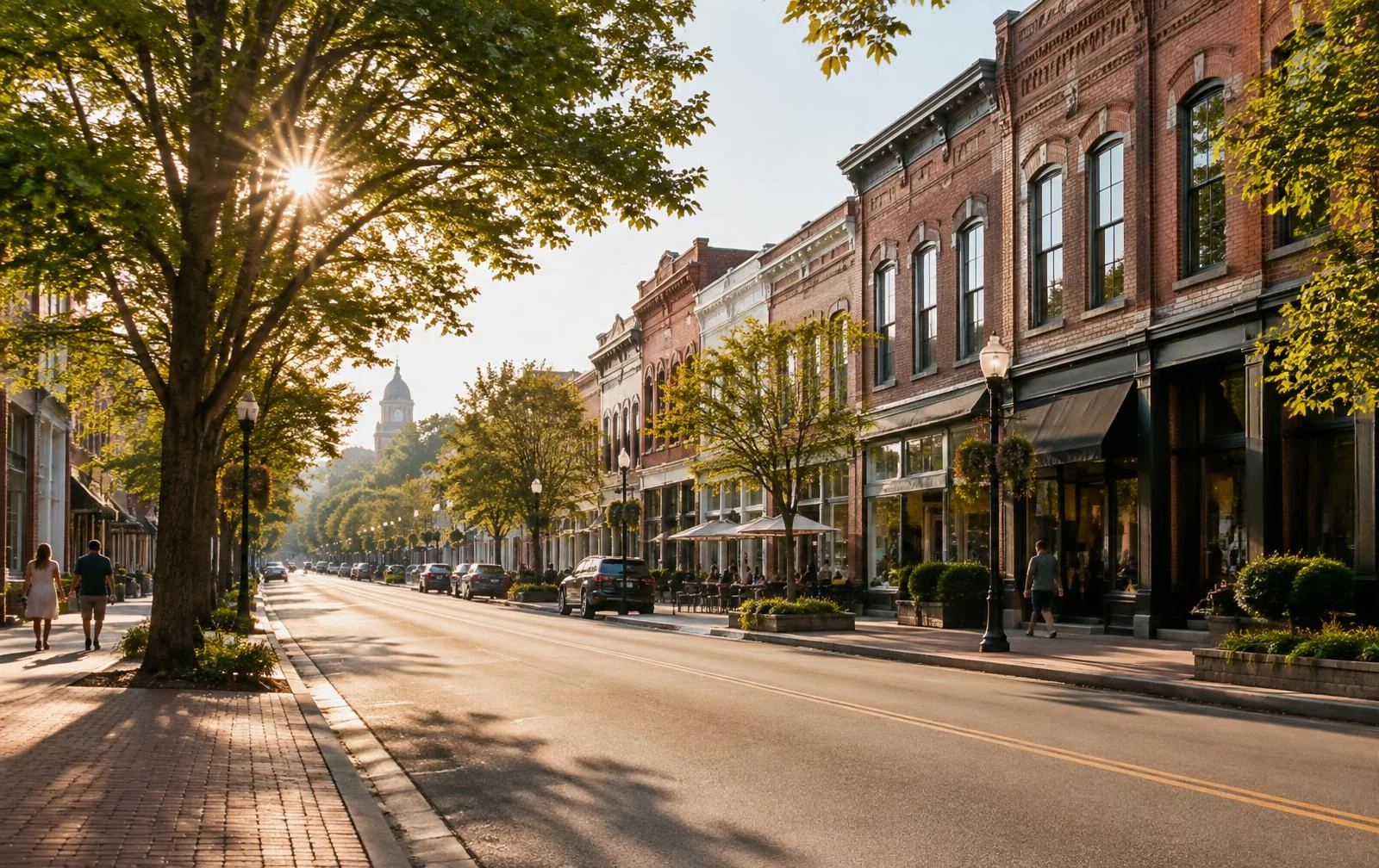 Photorealistic editorial interpretation of a historic Concord-inspired downtown street